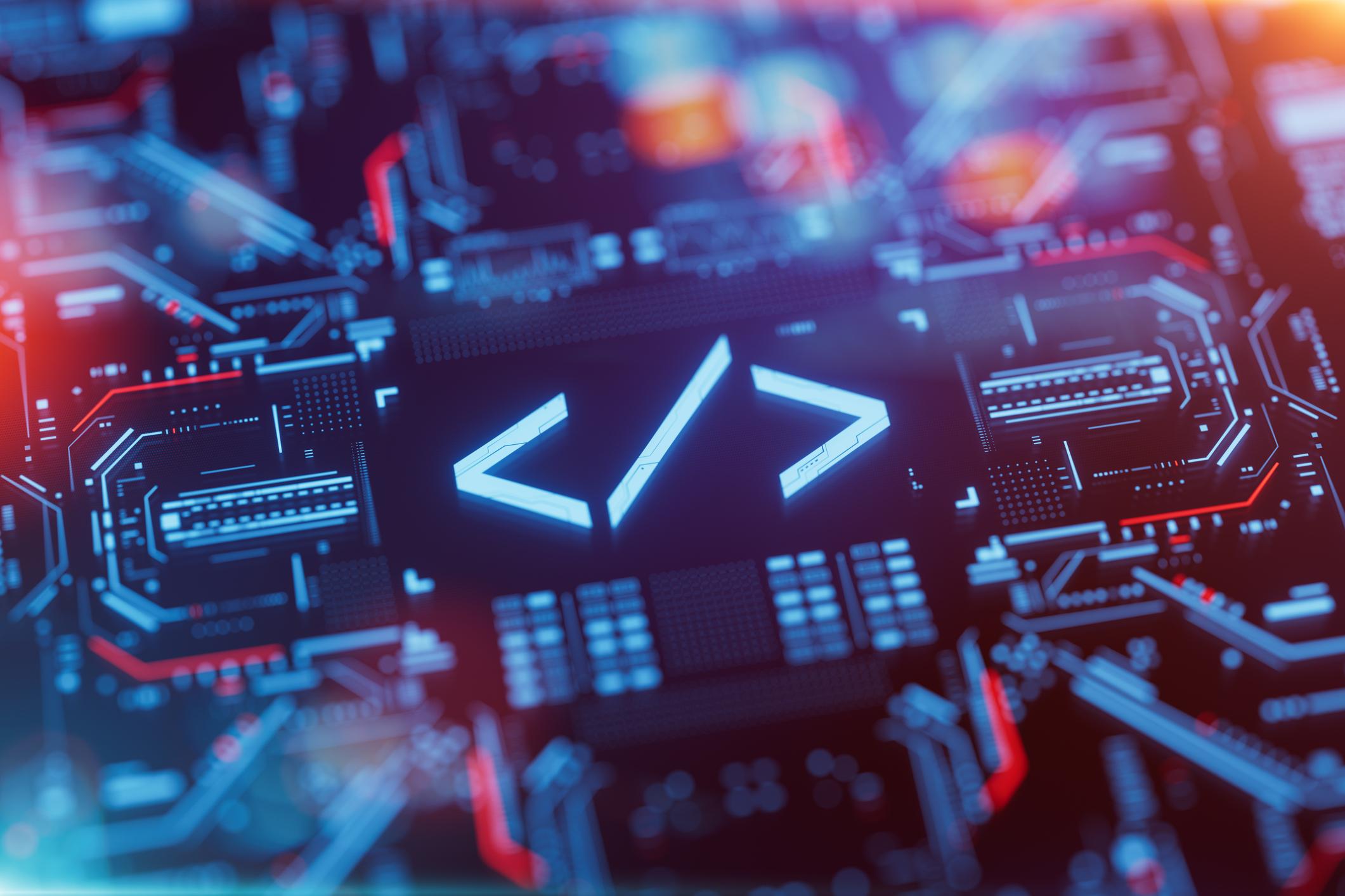 Program code development icon on a digital LCD display with reflection. Concept of website programming, software engineering, web development, Information technologies and computer engineering.